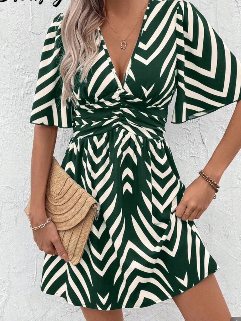 Green and White V-Neck Dress